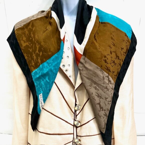 Yves Saint Laurent YSL 100% Silk Satin Scarf 34" Color Block BlackBrown Blue (76 - Picture 12 of 16